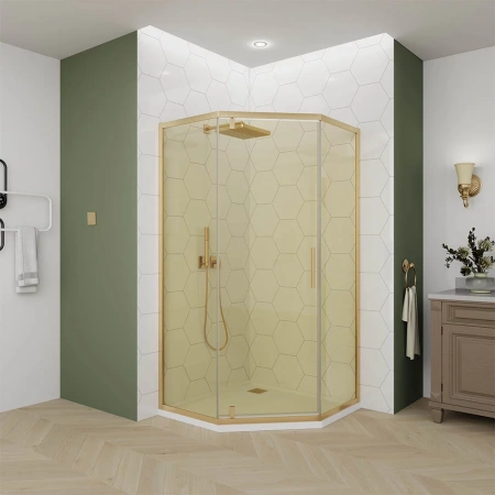 Душевой угол Veconi Ottimo P10 G, 900x900x1900, золото брашинг, стекло янтарное