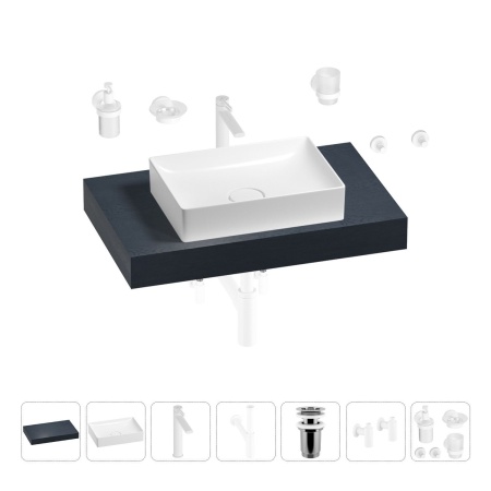 Раковина 50 см со столешницей 80 см Wellsee Pure BY Wellsee 201011100 в наборе 10 в 1: столешница, раковина, высокий смеситель, сифон, выпуск, кран-вентили, аксессуары (цвет матовый белый)