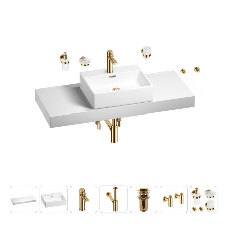 Раковина 50 см со столешницей 120 см Wellsee Graceful Pro 201012558 в наборе 10 в 1: столешница, раковина, смеситель, сифон, донный клапан, угловые вентили, аксессуары (цвет золото)