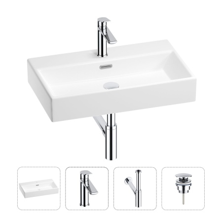Раковина для ванной Wellsee Graceful Pro 201002981 в наборе 4 в 1: раковина белого глянцевого цвета, смеситель, сифон, донный клапан (цвет набора хром)