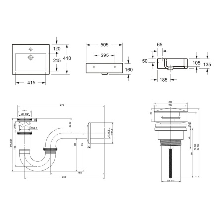 Комплект 3 в 1 Lavinia Boho Bathroom Sink 21520651: накладная фарфоровая раковина 50.5 см, металлический сифон, донный клапан