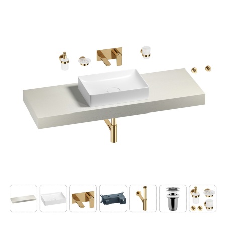 Раковина 50 см со столешницей 140 см Wellsee Pure BY Wellsee 201011443 в наборе 9 в 1: столешница, раковина, встраиваемый смеситель, сифон, выпуск, аксессуары (цвет набора золото)
