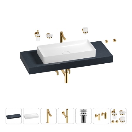 Раковина 75 см со столешницей 120 см Wellsee Pure BY Wellsee 201011698 в наборе 10 в 1: столешница, раковина, высокий смеситель, сифон, выпуск, кран-вентили, аксессуары (цвет золото)
