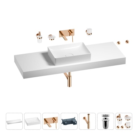 Раковина 50 см со столешницей 140 см Wellsee Pure BY Wellsee 201011529 в наборе 9 в 1: столешница, раковина, встраиваемый смеситель, сифон, выпуск, аксессуары (цвет набора розовое золото)