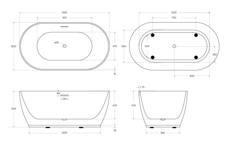 Акриловая ванна BELBAGNO BB413-1500-800