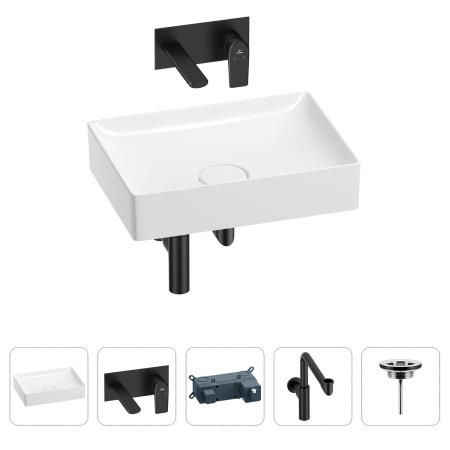 Раковина для ванной Wellsee Pure BY Wellsee 201002692 в наборе 4 в 1: раковина белого глянцевого цвета, встраиваемый смеситель, сифон, выпуск (цвет набора матовый черный)