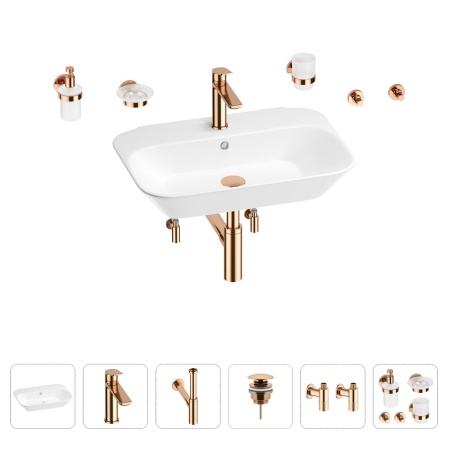 Раковина для ванной Wellsee Eclatant 201007484 в наборе 9 в 1: раковина белого глянцевого цвета, смеситель, сифон, донный клапан, угловые вентили, аксессуары (цвет набора розовое золото)