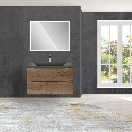 Тумба Vincea Mia 750 подвесная, 2 выкатных ящика soft close, V.Oak с умывальником VCB-3M750G из кварцевого камня, цвет серый