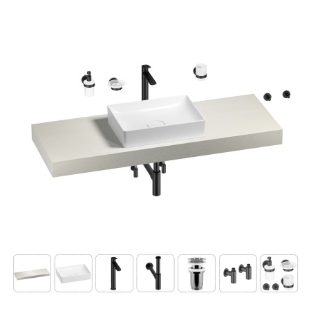 Раковина 50 см со столешницей 140 см Wellsee Pure BY Wellsee 201011432 в наборе 10 в 1: столешница, раковина, высокий смеситель, сифон, выпуск, кран-вентили, аксессуары (цвет матовый черный)