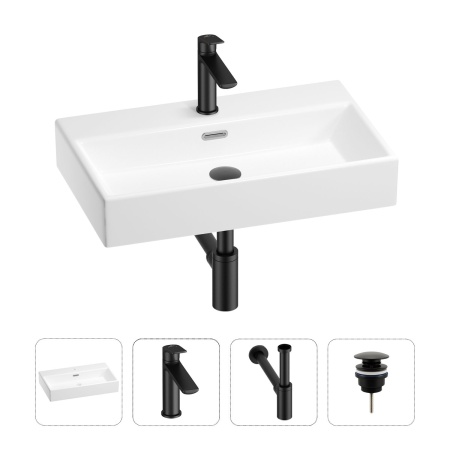 Раковина для ванной Wellsee Graceful Pro 201002952 в наборе 4 в 1: раковина белого глянцевого цвета, смеситель, сифон, донный клапан (цвет набора матовый черный)