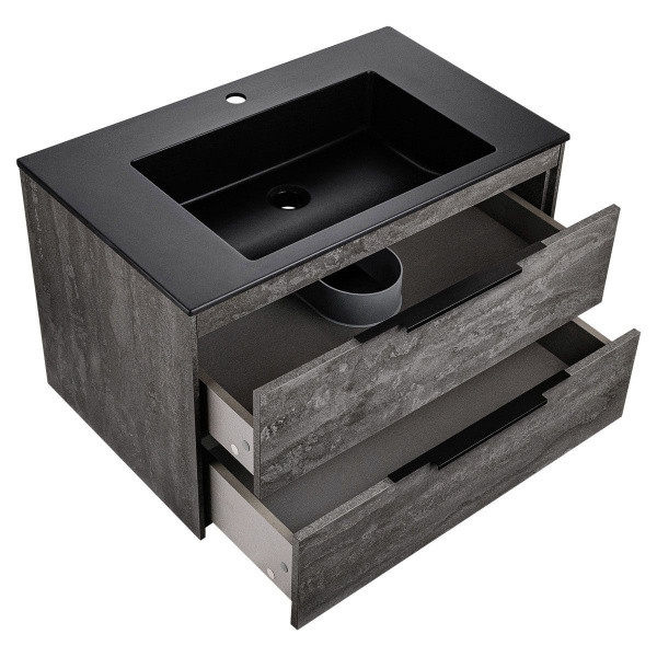 Тумба Vincea Chiara 2D 800 подвесная, 2 выкатных ящика soft-close, G.Stone с умывальником VCB-13800B из кварца, цвет черный