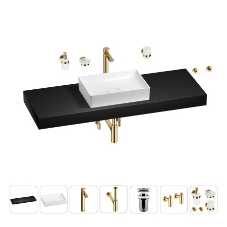 Раковина 50 см со столешницей 140 см Wellsee Pure BY Wellsee 201011533 в наборе 10 в 1: столешница, раковина, высокий смеситель, сифон, выпуск, кран-вентили, аксессуары (цвет золото)