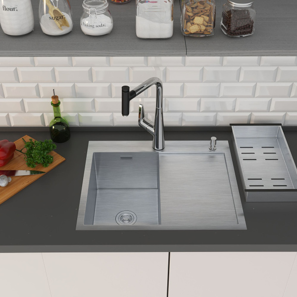 Кухонная мойка Roxen Vespa 60х50 левая, с коландером и дозатором, сатин 560230-60L