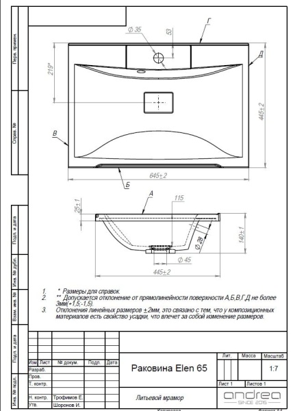 Раковина Andrea Elen 65 4680028070016