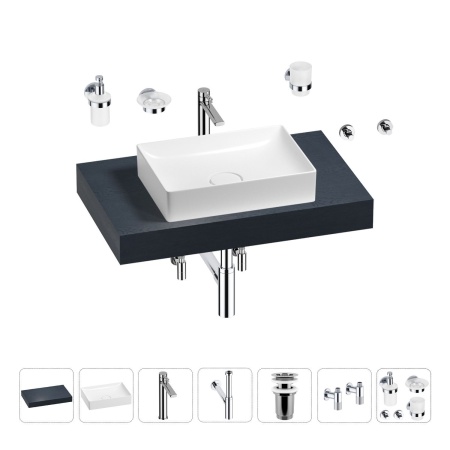 Раковина 50 см со столешницей 80 см Wellsee Pure BY Wellsee 201011096 в наборе 10 в 1: столешница, раковина, высокий смеситель, сифон, выпуск, кран-вентили, аксессуары (цвет хром)