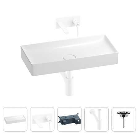Раковина для ванной Wellsee Pure BY Wellsee 201002720 в наборе 4 в 1: раковина белого глянцевого цвета, встраиваемый смеситель, сифон, выпуск (цвет набора матовый белый)