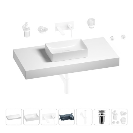 Раковина 42 см со столешницей 100 см Wellsee Pure BY Wellsee 201010875 в наборе 9 в 1: столешница, раковина, встраиваемый смеситель, сифон, выпуск, аксессуары (цвет набора матовый белый)