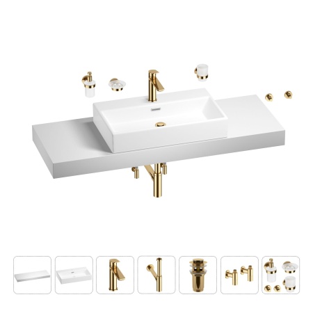 Раковина 70 см со столешницей 140 см Wellsee Graceful Pro 201012793 в наборе 10 в 1: столешница, раковина, смеситель, сифон, донный клапан, угловые вентили, аксессуары (цвет золото)