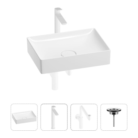 Раковина для ванной Wellsee Pure BY Wellsee 201002685 в наборе 4 в 1: раковина белого глянцевого цвета, высокий смеситель, сифон, выпуск (цвет набора матовый белый)