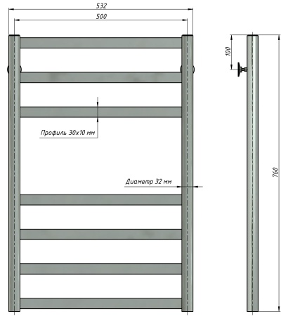 Полотенцесушитель водяной Stinox Maxima 500x800, нижнее подключение, черный матовый, 1" НР (наружная резьба), 7 перекладин
