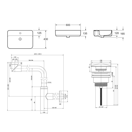 Комплект 3 в 1 Lavinia Boho Bathroom Sink 21520370: накладная фарфоровая раковина 60 см, металлический сифон, донный клапан