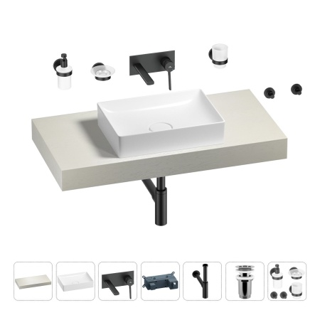 Раковина 50 см со столешницей 100 см Wellsee Pure BY Wellsee 201011207 в наборе 9 в 1: столешница, раковина, встраиваемый смеситель, сифон, выпуск, аксессуары (цвет набора матовый черный)