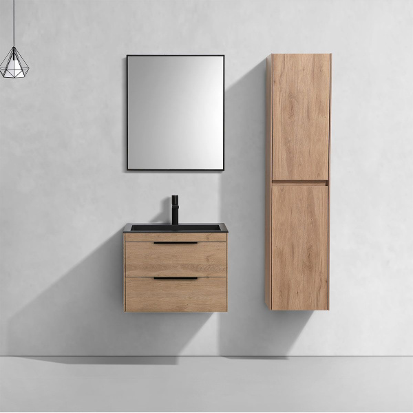 Тумба Vincea Chiara 2D 600 подвесная, 2 выкатных ящика soft-close, N.Oak с умывальником VCB-13600G из кварца, цвет серый