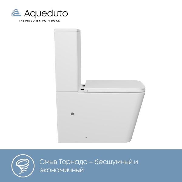 Aqueduto комплект: МАСИО Плюс/MACIO Plus Унитаз напольный 635*370 безободковый с бачком, Tornado,  сиденье с микролифтом, белый глянцевый