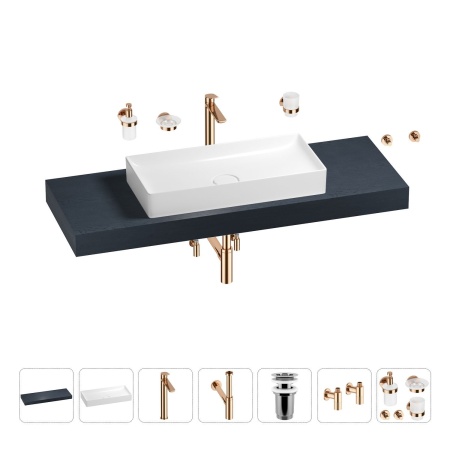 Раковина 75 см со столешницей 140 см Wellsee Pure BY Wellsee 201011814 в наборе 10 в 1: столешница, раковина, высокий смеситель, сифон, выпуск, кран-вентили, аксессуары (цвет розовое золото)