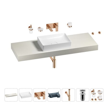 Раковина 50 см со столешницей 140 см Wellsee Pure BY Wellsee 201011444 в наборе 9 в 1: столешница, раковина, встраиваемый смеситель, сифон, выпуск, аксессуары (цвет набора розовое золото)