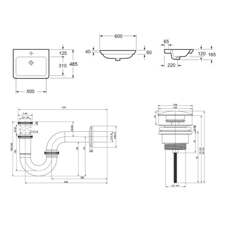 Комплект 3 в 1 Lavinia Boho Bathroom Sink 21520380: врезная фарфоровая раковина 60 см, металлический сифон, донный клапан