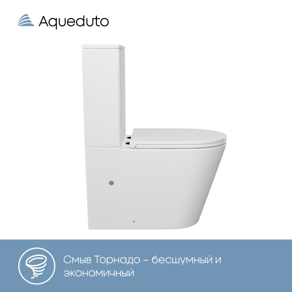 Aqueduto комплект: КОН Торнадо/CONE Tornado Унитаз напольный 625*365 безободковый с бачком, Tornado,  сиденье с микролифтом, белый глянцевый