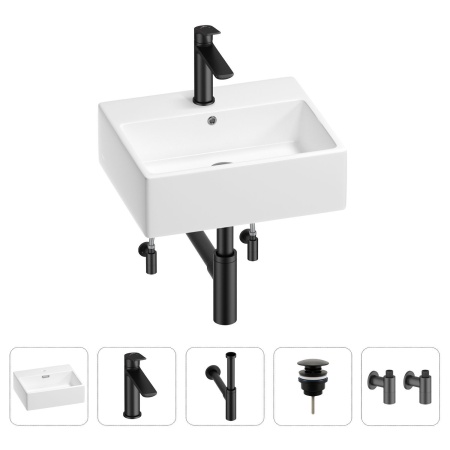 Раковина для ванной Wellsee Graceful Pro 201004607 в наборе 5 в 1: раковина белого глянцевого цвета, смеситель, сифон, донный клапан, угловые вентили (цвет набора матовый черный)