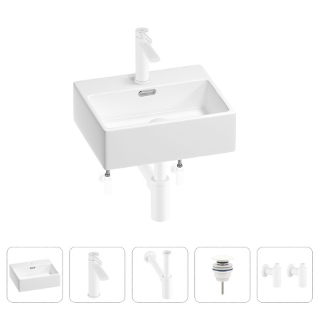Раковина для ванной Wellsee Graceful Pro 201004535 в наборе 5 в 1: раковина белого глянцевого цвета, смеситель, сифон, донный клапан, угловые вентили (цвет набора матовый белый)