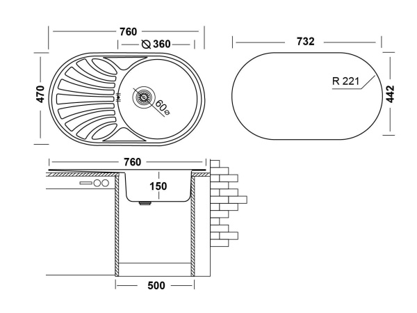 Кухонная мойка UKINOX Фаворит FAD760.470 --T6K 2L, 47*76