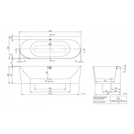 Ванна Villeroy & Boch Oberon 2.0 1800 x 800 мм, квариловая, UBQ180OBR9CD00V-01