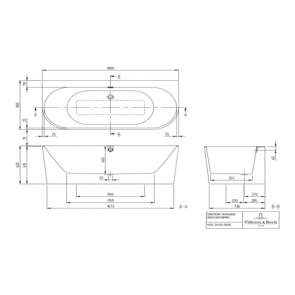 Ванна Villeroy & Boch Oberon 2.0 1800 x 800 мм, квариловая, UBQ180OBR9CD00V-01