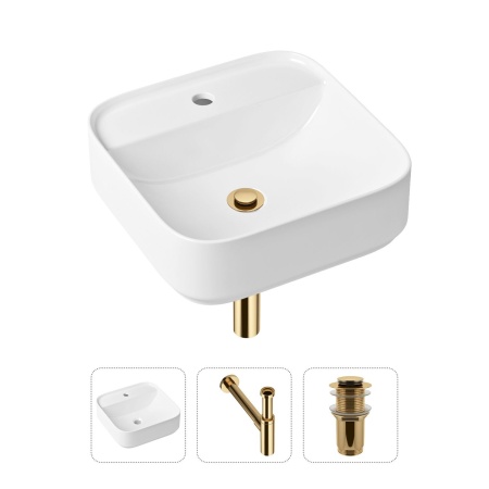 Комплект 3 в 1 Lavinia Boho Bathroom Sink 21520309: накладная фарфоровая раковина 42 см, металлический сифон, донный клапан