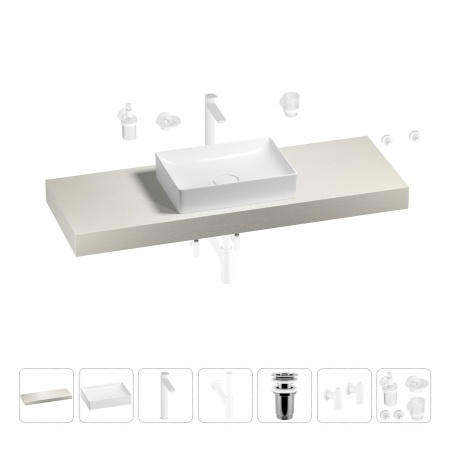 Раковина 50 см со столешницей 140 см Wellsee Pure BY Wellsee 201011435 в наборе 10 в 1: столешница, раковина, высокий смеситель, сифон, выпуск, кран-вентили, аксессуары (цвет матовый белый)
