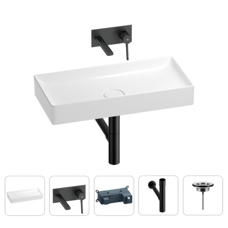 Раковина для ванной Wellsee Pure BY Wellsee 201002757 в наборе 4 в 1: раковина белого глянцевого цвета, встраиваемый смеситель, сифон, выпуск (цвет набора матовый черный)