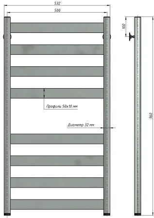 Полотенцесушитель водяной Stinox Napoli 500x1000, нижнее подключение, хром, 1/2" ВР (внутренняя резьба), 8 перекладин