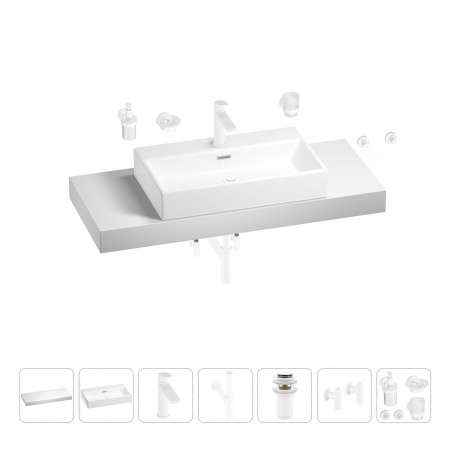 Раковина 70 см со столешницей 120 см Wellsee Graceful Pro 201012735 в наборе 10 в 1: столешница, раковина, смеситель, сифон, донный клапан, угловые вентили, аксессуары (цвет матовый белый)