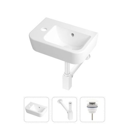 Комплект 3 в 1 Lavinia Boho One 21520725: подвесная фарфоровая раковина для туалета 37 см (отверстие под смеситель слева), металлический сифон, донный клапан