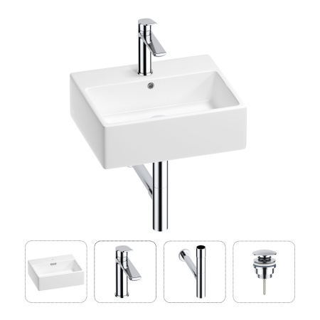 Раковина для ванной Wellsee Graceful Pro 201002921 в наборе 4 в 1: раковина белого глянцевого цвета, смеситель, сифон, донный клапан (цвет набора хром)