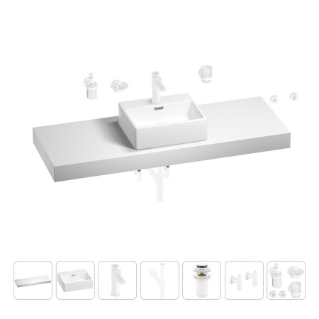 Раковина 43 см со столешницей 140 см Wellsee Graceful Pro 201012380 в наборе 10 в 1: столешница, раковина, смеситель, сифон, донный клапан, угловые вентили, аксессуары (цвет матовый белый)