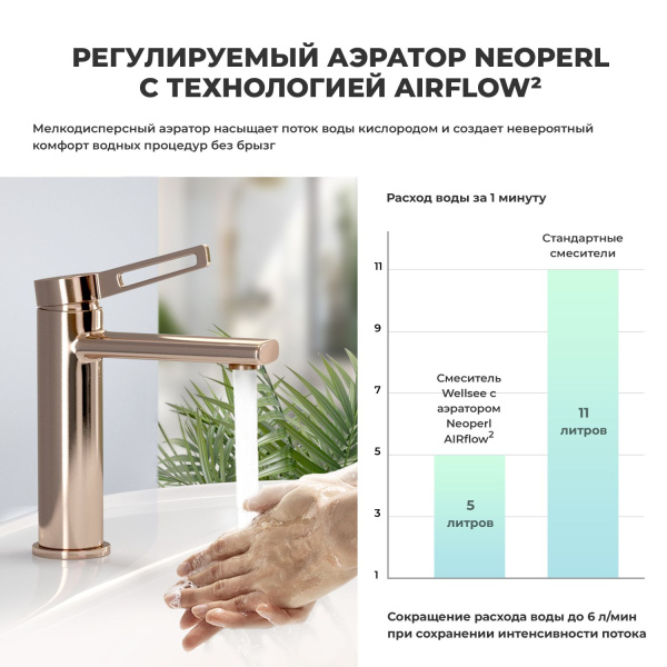 Смеситель для раковины (умывальника) Wellsee ONCE! and forever 182404000, латунный, однорычажный, высота/длина излива 110/110 мм (цвет розовое золото)