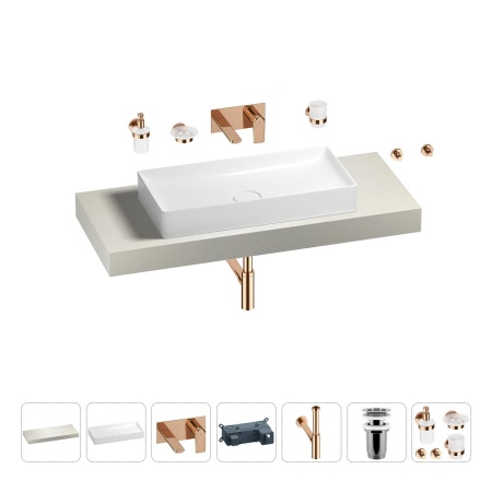 Раковина 75 см со столешницей 120 см Wellsee Pure BY Wellsee 201011684 в наборе 9 в 1: столешница, раковина, встраиваемый смеситель, сифон, выпуск, аксессуары (цвет набора розовое золото)