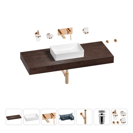 Раковина 42 см со столешницей 120 см Wellsee Pure BY Wellsee 201010949 в наборе 9 в 1: столешница, раковина, встраиваемый смеситель, сифон, выпуск, аксессуары (цвет набора розовое золото)