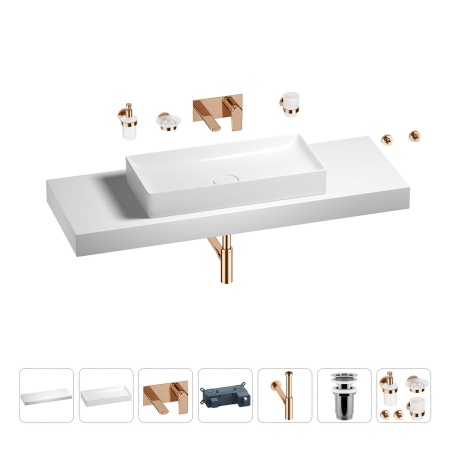 Раковина 75 см со столешницей 140 см Wellsee Pure BY Wellsee 201011884 в наборе 9 в 1: столешница, раковина, встраиваемый смеситель, сифон, выпуск, аксессуары (цвет набора розовое золото)