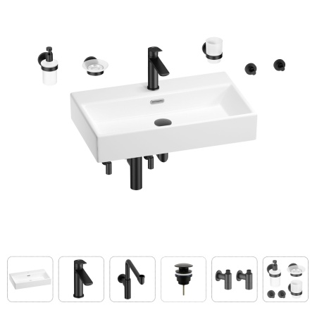 Раковина для ванной Wellsee Graceful Pro 201006742 в наборе 9 в 1: раковина белого глянцевого цвета, смеситель, сифон, донный клапан, угловые вентили, аксессуары (цвет набора матовый черный)